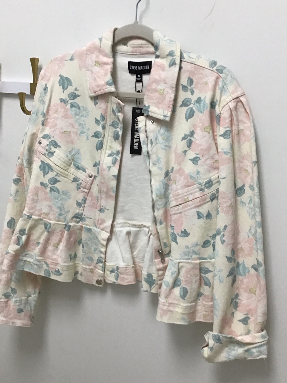 Steve Madden Sloan Cream Floral Peplum Jean Jacket with Pink & Blue Flowers